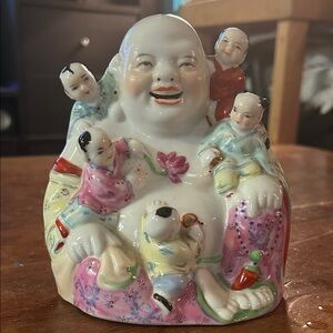 Vintage Laughing Buddha Figurine w/ Children | Hand-Painted Ceramic